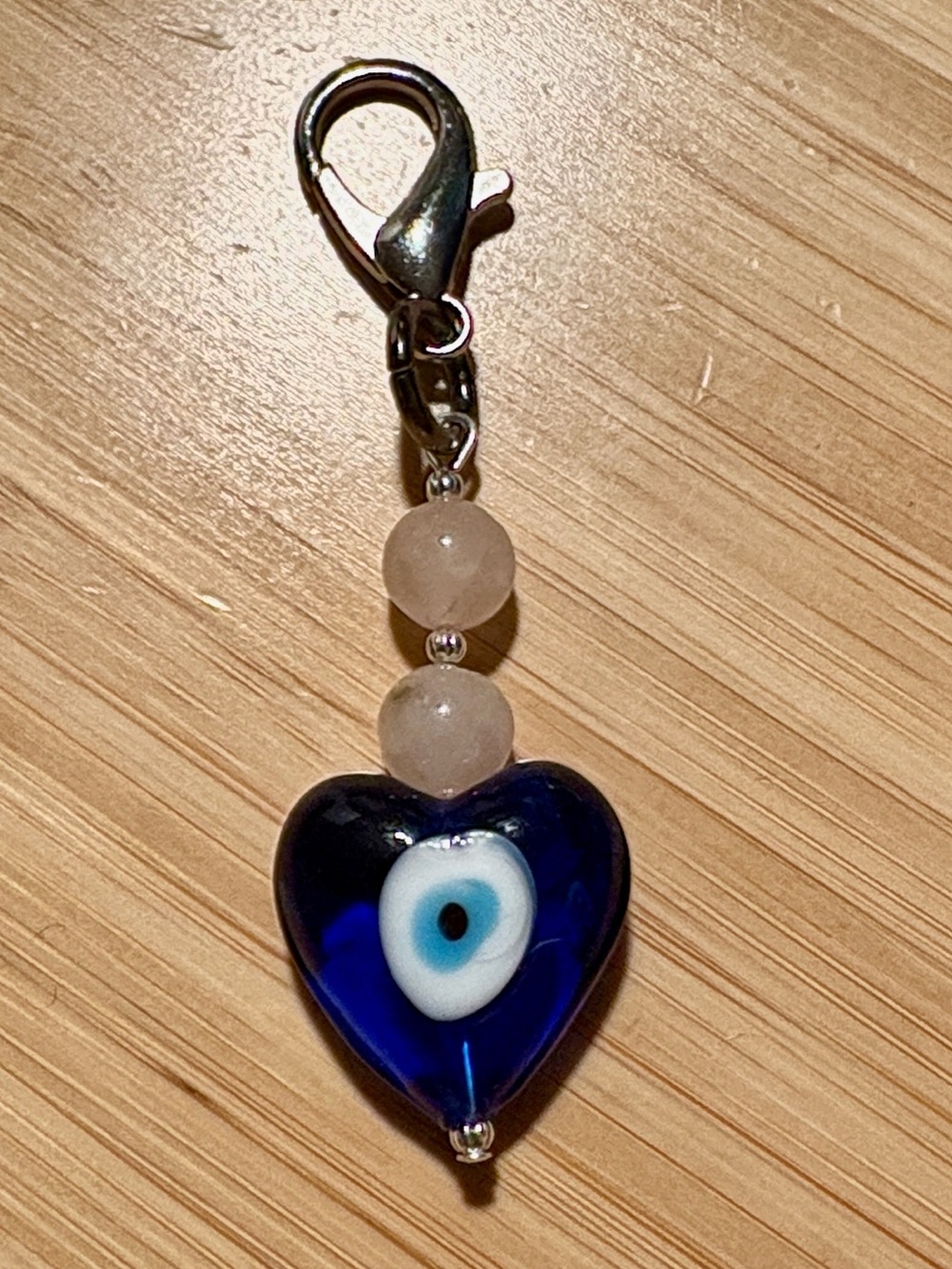 Handcrafted Rose Quartz Evil Eye Heart Glass Charm